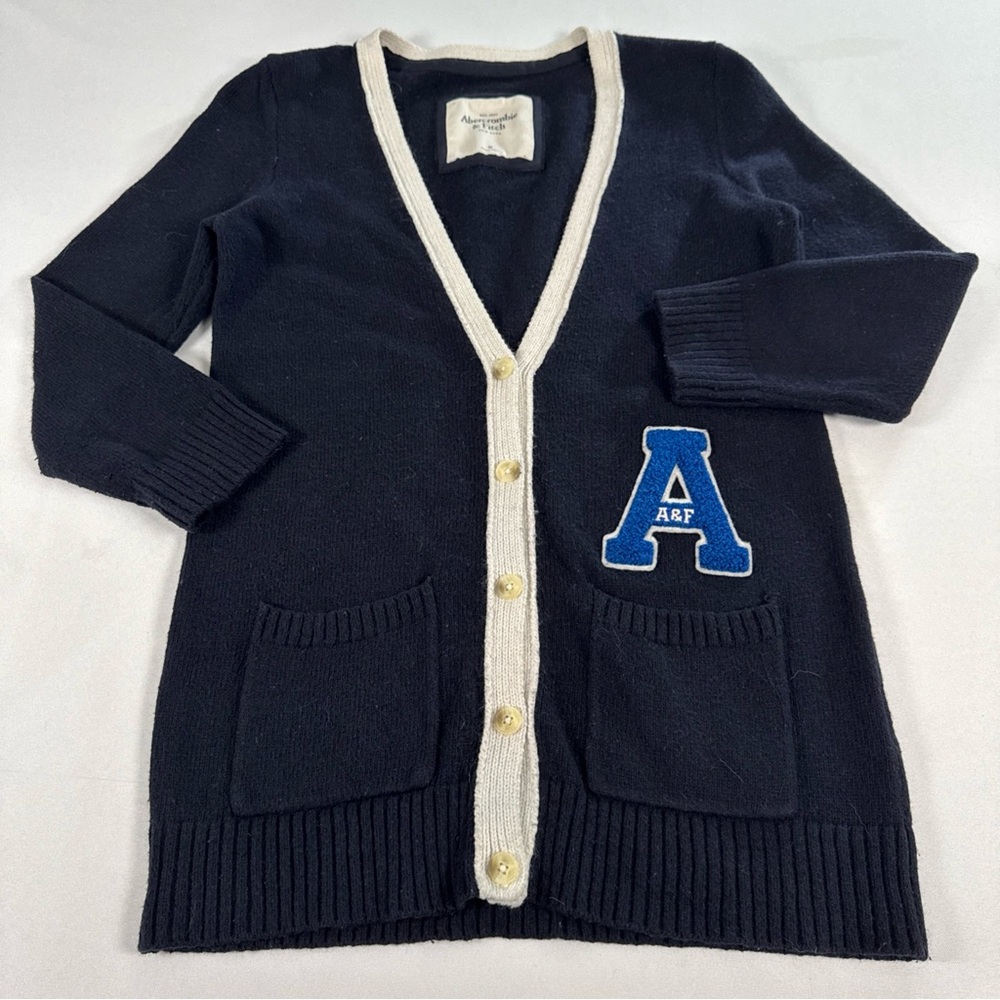 Y2K Abercrombie & Fitch Varsity Cardigan Sweater M Navy Blue Patch A Preppy